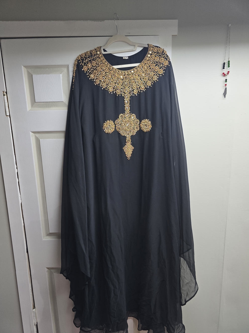 Embellished Black Caftan Dress with Gold Applique